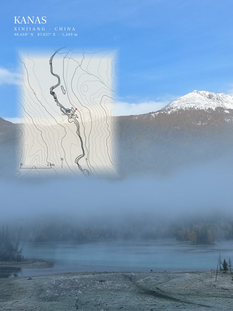 Snowy peaks and a lake in morning mist at Kanas with an Ink-template map