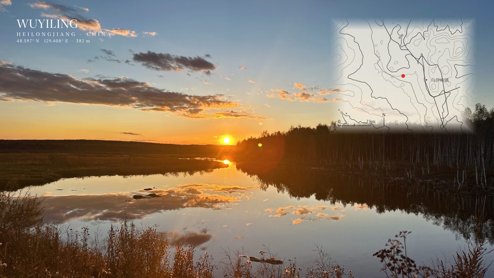 Sunset reflected in a wetland at Wuyiling, Heilongjiang, with an Ink-template map