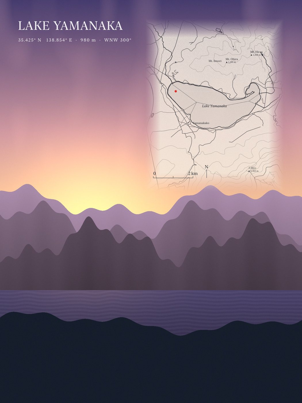 紫色黄昏的湖景,叠上墨线模板的山中湖地图